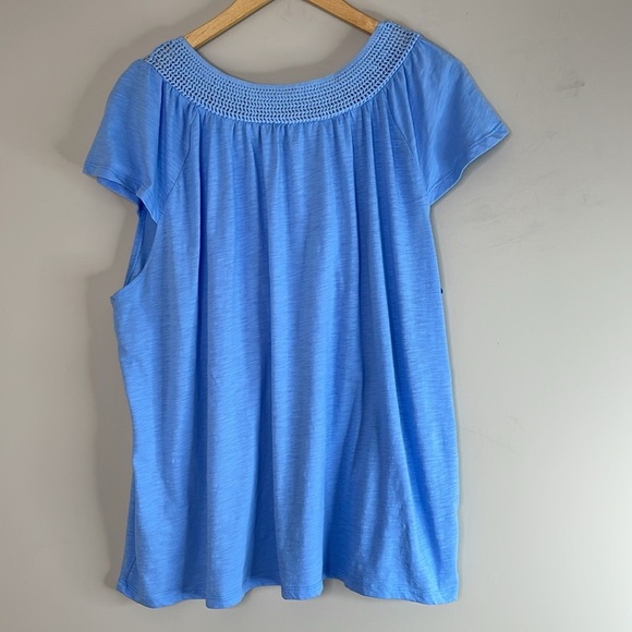 My Style Flutter Short Sleeve Crochet Neck Top Blue Ladder Lace 1X - Picture 8 of 10